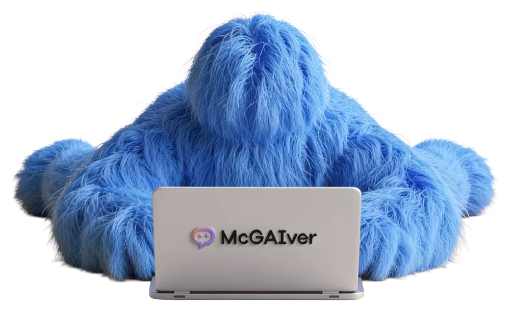 Angus McGAIver, eine blaue zottelige Figur, sitzt hinter einem aufgeklappten Laptop mit McGAIver-Logo