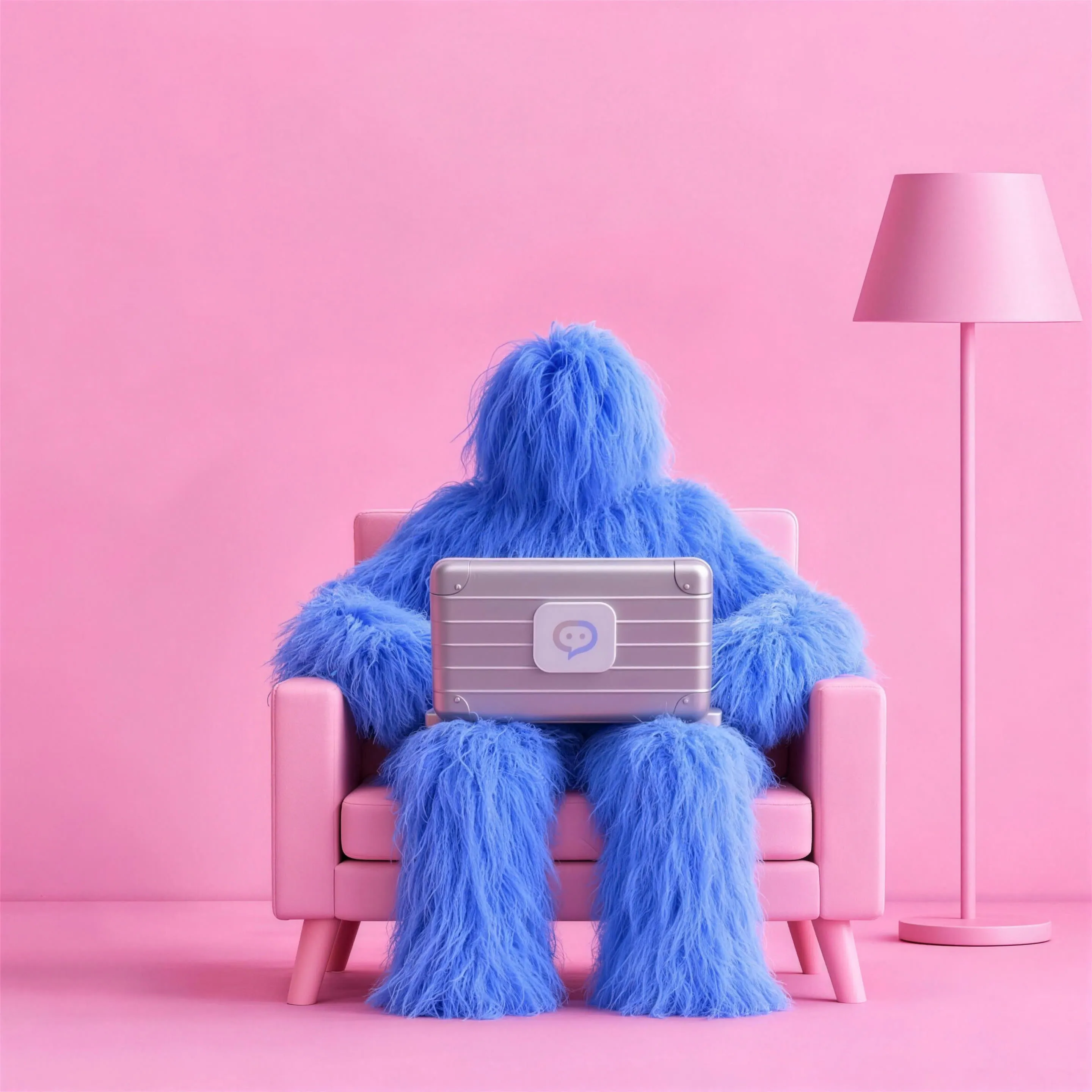 Angus McGAIver sitzt im rosa Sessel und arbeitet an seinem Laptop